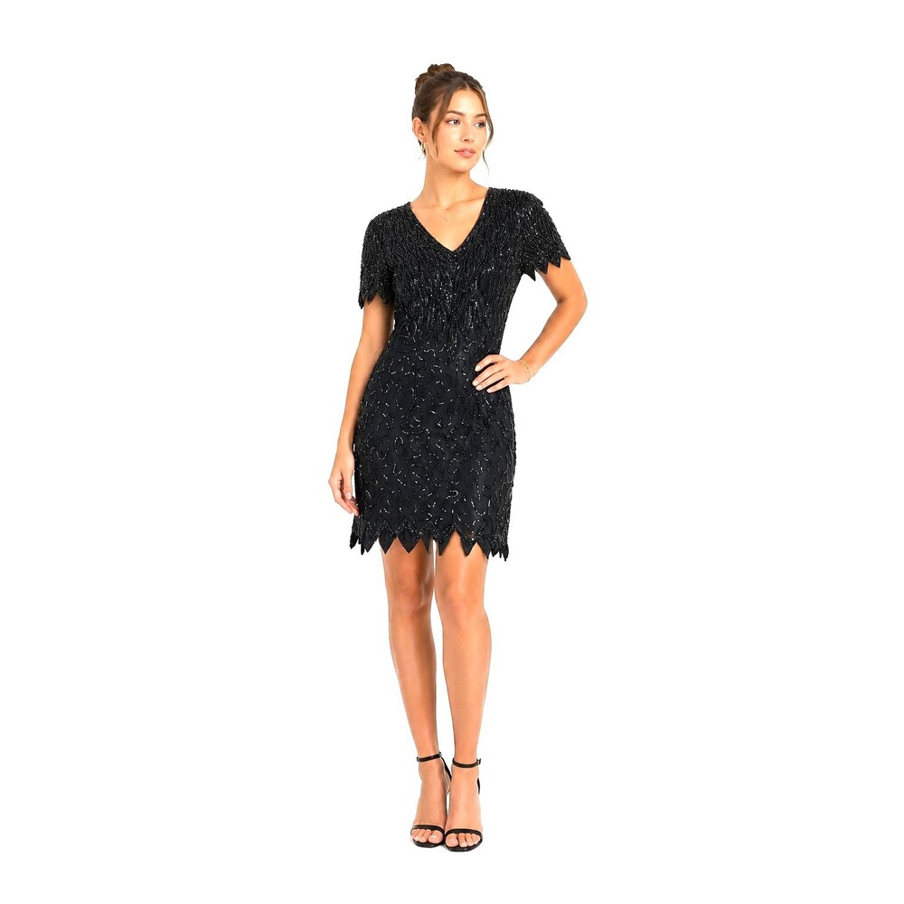 Silky Nites Art Deco Beaded Silk Cocktail Dress Women's Black Vintage S/M